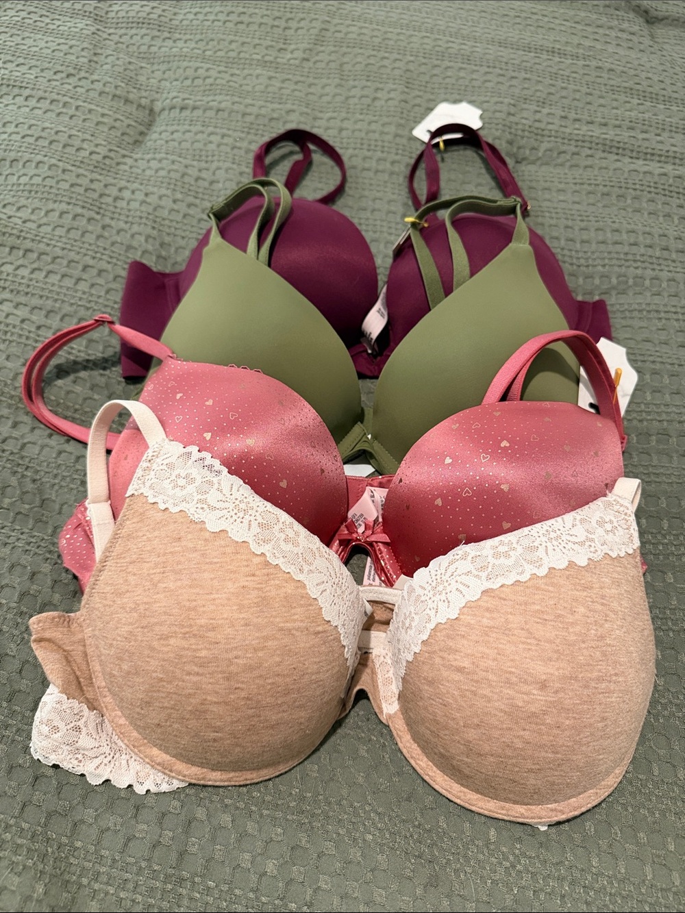 Victoria Secret set of 4 34C push up  Lace Trim Bra - Pink, Olive, Mauve & tan